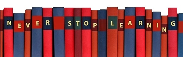 book on the shelf never stop learning written on top